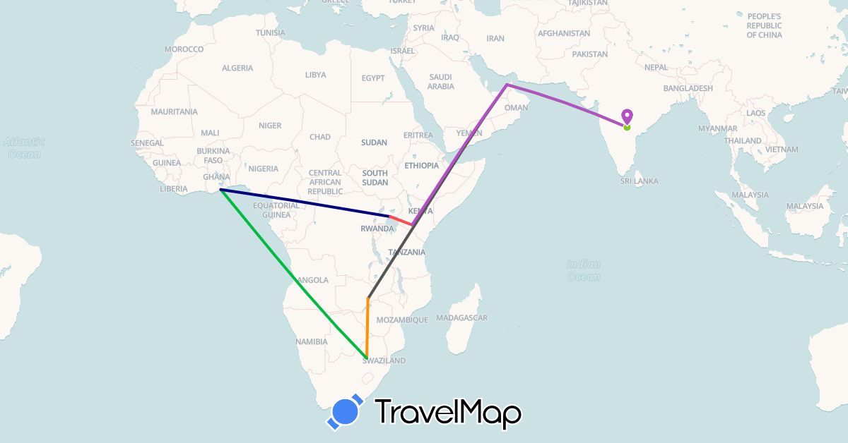 TravelMap itinerary: driving, bus, train, hiking, hitchhiking, motorbike, electric vehicle in United Arab Emirates, Ghana, India, Kenya, Uganda, South Africa, Zambia (Africa, Asia)